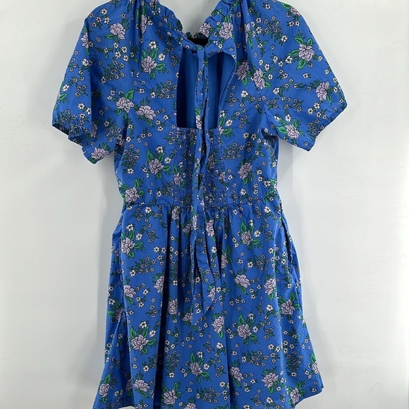 J Crew Factory Puff Sleeve Tie Back Mini Dress Blue Floral 6 - Picture 6 of 8